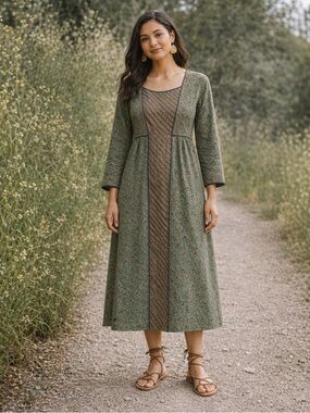 Fabindia Block Print Midi Dress Green Boho Cotton Slim Fit Medium